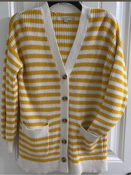 LOFT Sweaters - LOFT Mustard Yellow & White Striped Knit Cardigan Sweater XS Fall Preppy Style